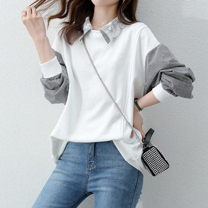 Lace Lapel Plaid Long Sleeve Loose Sweatshirt