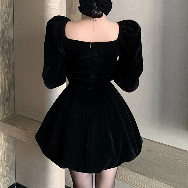 Trumpet Sleeve Velvet Square Neck Waist Black Dress