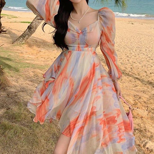 Tie-Dye Chiffon Irregular Backless Holiday Dress