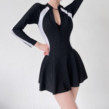 Long Sleeve Black Zip One Piece Swimsuit