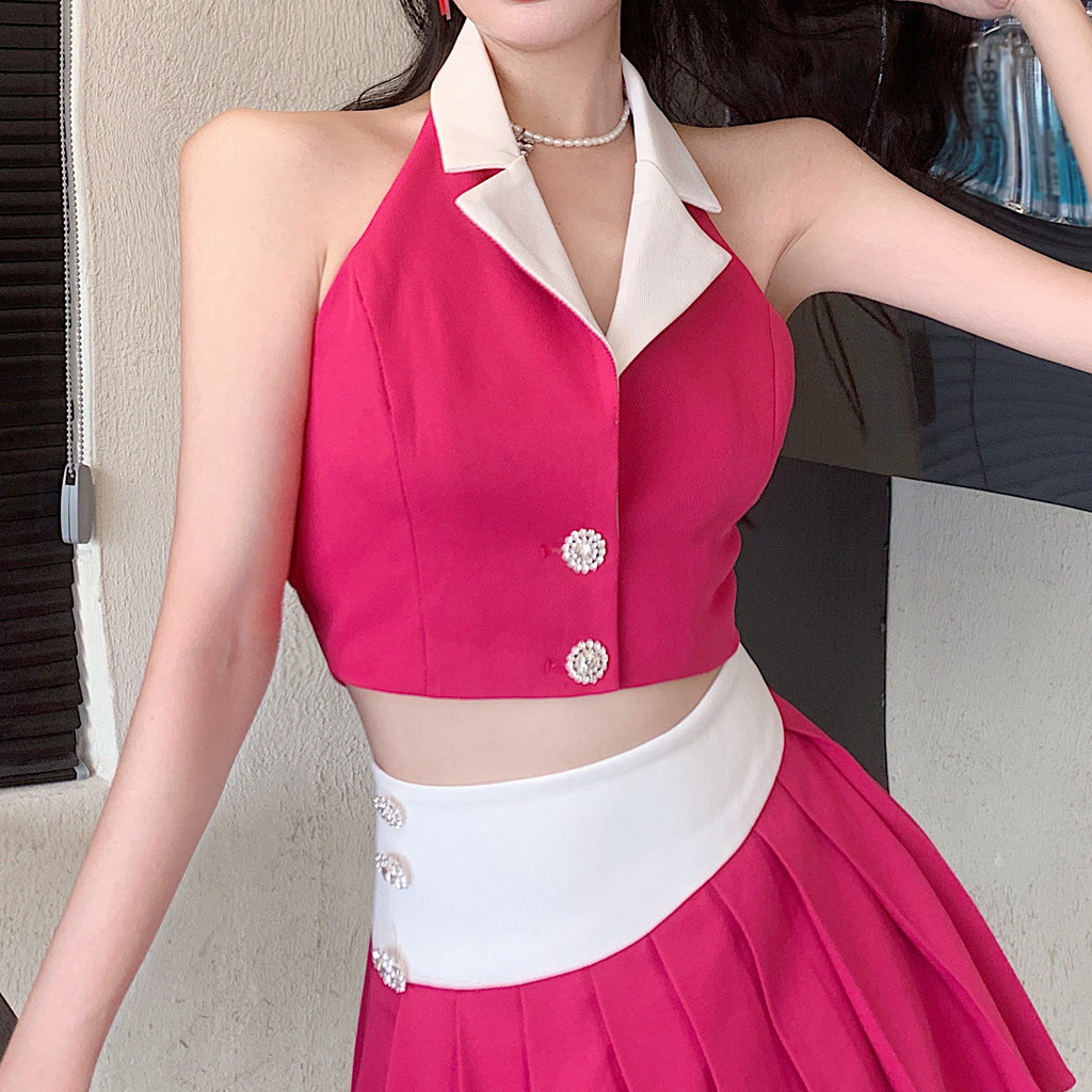 Sleeveless Blazer High Waist Pleated Skirt Set