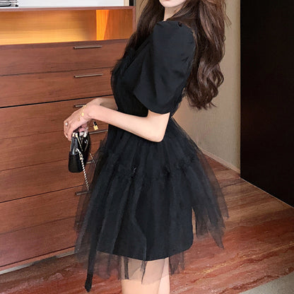 Mesh Suit Collar Waist Puff Sleeve Dress