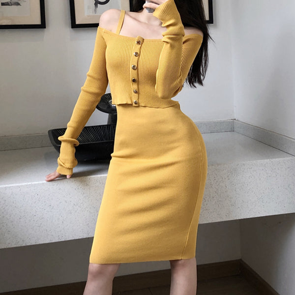 Slim Fit Slip Dress Long Sleeve Knitted Top Set