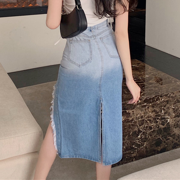 High Waist Gradient Blue Denim Slit Skirt