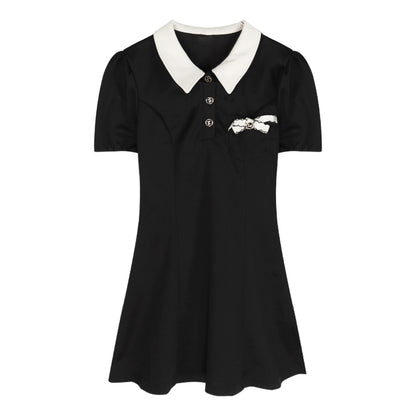 Bow Knot Polo Neck Short Sleeve Casual Dress