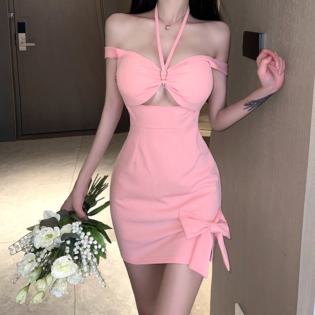 Hollow Halterneck Bow Sexy Slim Dress