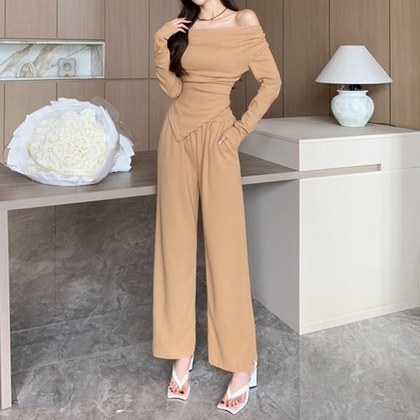 Strapless Irregular Top High Waist Casual Trousers Set