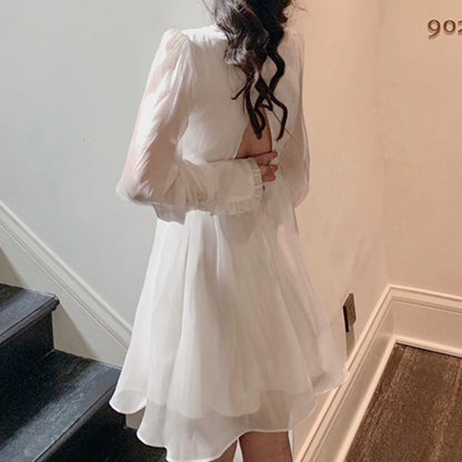 High Waist Ruffled V-Neck Puff Sleeve White Dress