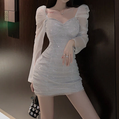 70% Long Sleeve V-Neck Tube Top Sequined Mesh Formal Dress