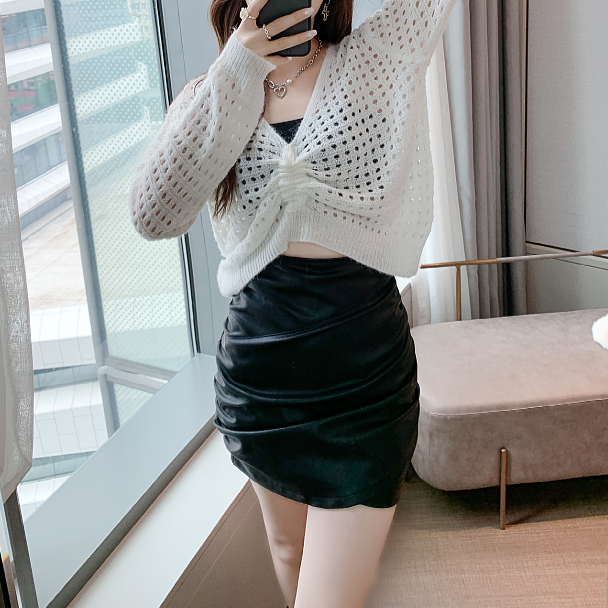 Pu Leather Skirt Set Pleated Culottes Sweater