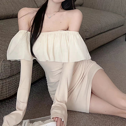 Off-The-Shoulder Solid Color Stretch Dress