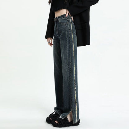 High Waist Jeans Slit Raw Edge Wide Leg Pants