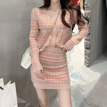 Long Sleeve Knitted Cardigan Skirt Suit