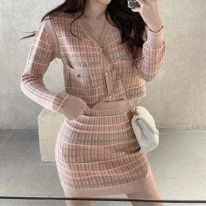 Long Sleeve Knitted Cardigan Skirt Suit