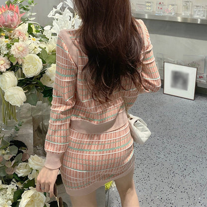 Long Sleeve Knitted Cardigan Skirt Suit