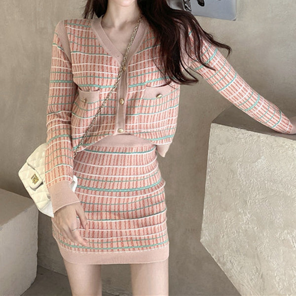 Long Sleeve Knitted Cardigan Skirt Suit