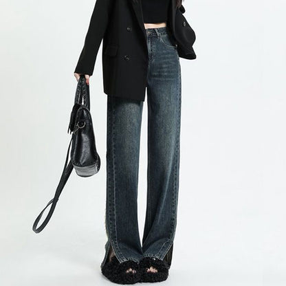 High Waist Jeans Slit Raw Edge Wide Leg Pants