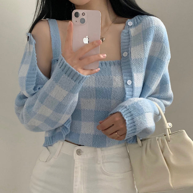 Plaid Sweater Cardigan Set Knit Cami Cropped Coat