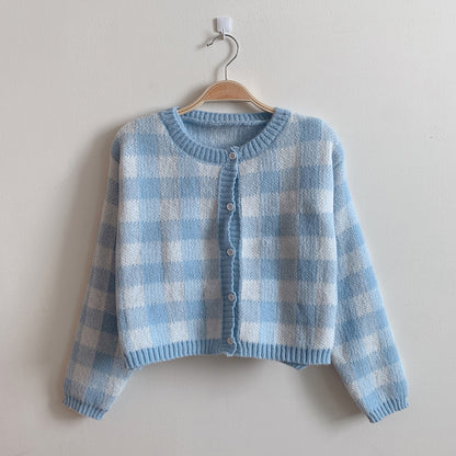 Plaid Sweater Cardigan Set Knit Cami Cropped Coat