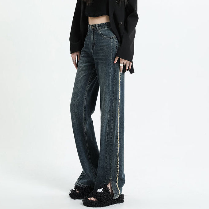 High Waist Jeans Slit Raw Edge Wide Leg Pants