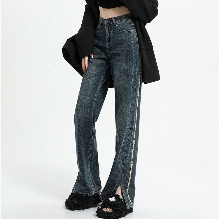 High Waist Jeans Slit Raw Edge Wide Leg Pants