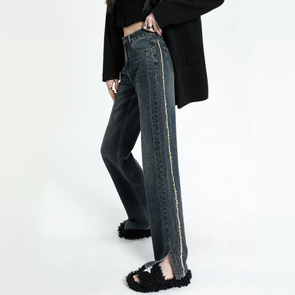 High Waist Jeans Slit Raw Edge Wide Leg Pants