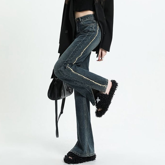 High Waist Jeans Slit Raw Edge Wide Leg Pants