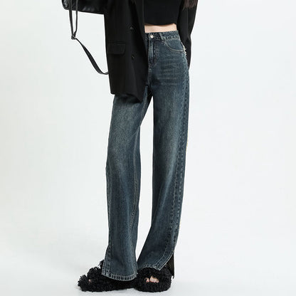 High Waist Jeans Slit Raw Edge Wide Leg Pants