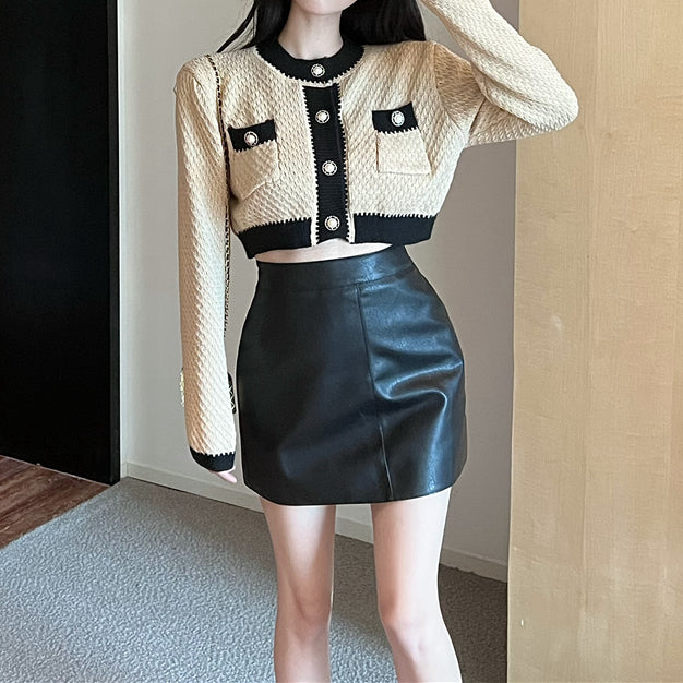 Contrast Color Cropped Knitted Cardigan Leather Skirt