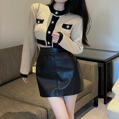 Contrast Color Cropped Knitted Cardigan Leather Skirt