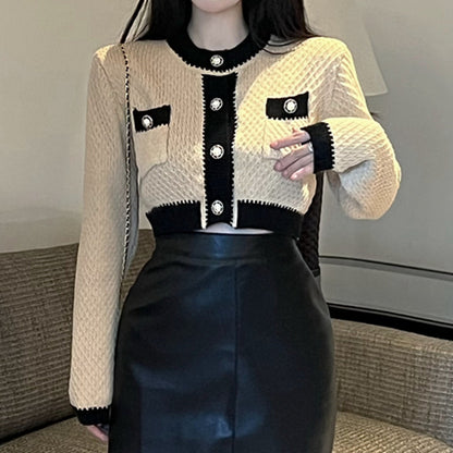 Contrast Color Cropped Knitted Cardigan Leather Skirt