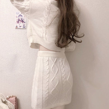 Twist Long Sleeve Rabbit Sweater Knit Skirt Set