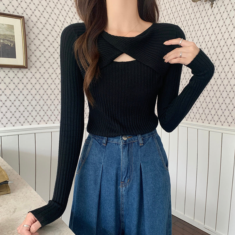 Stretch Cutout Long Sleeve Slim Fit Knit Top