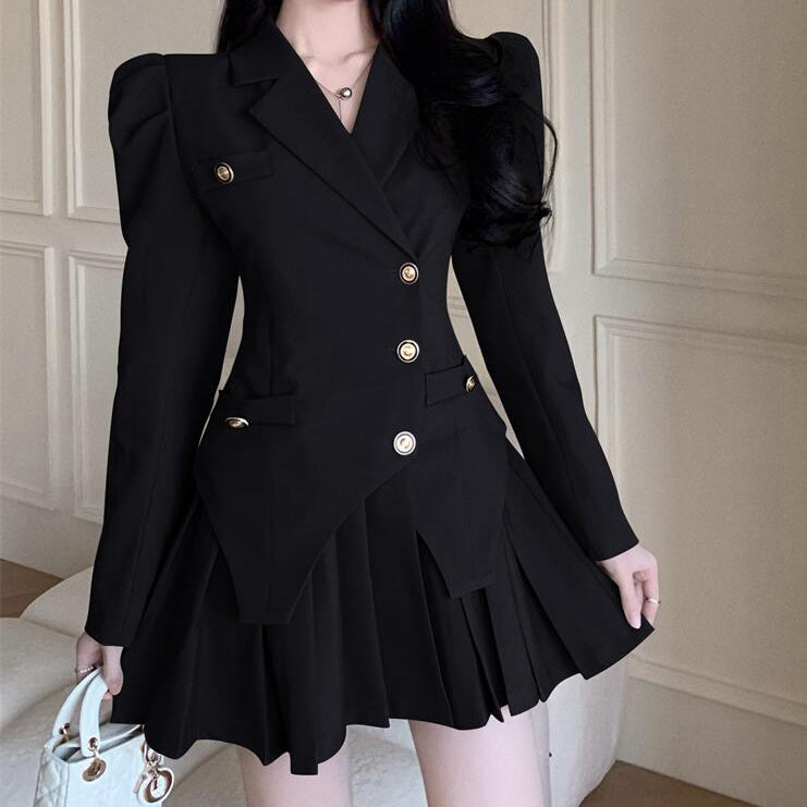 Puff Sleeve Fake Two Piece Irregular Pleated Suit Dress