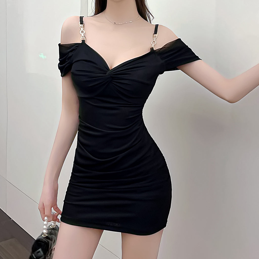 Twisted V-Neck Pleated Slim Fit Slip Dress