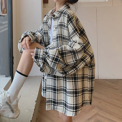 Plaid Loose Long Sleeve Polo Collar Shirt Top