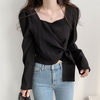 Square Neck Chiffon Clavicle Cropped Shirt