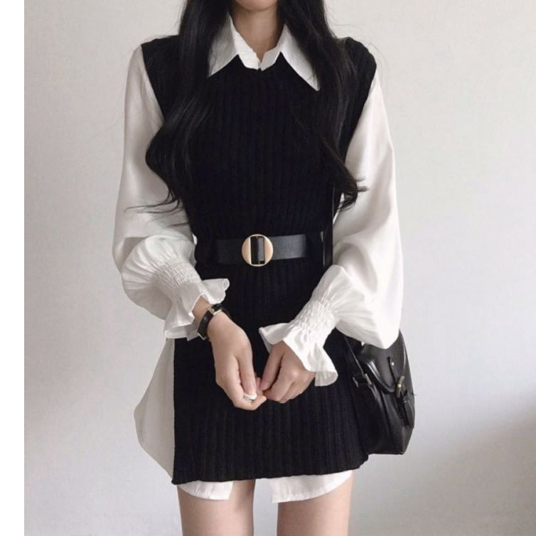 Flared Sleeve Shirt Belt Knitted Vest Winter Dress Set