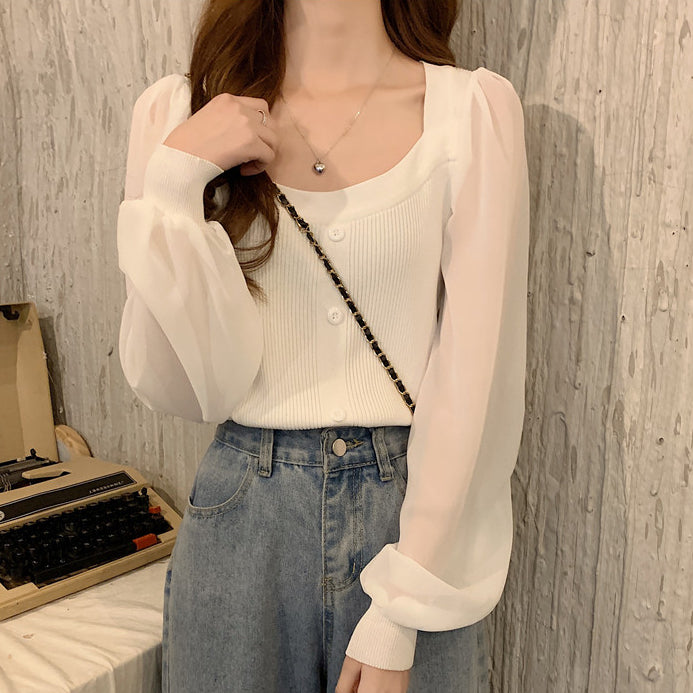 Square Neck Top Clavicle Panel Knit Shirt