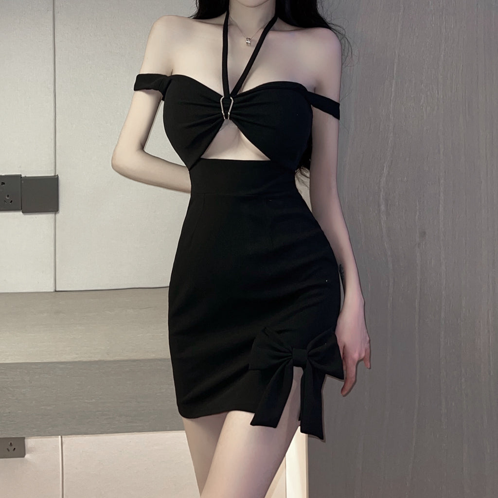 Hollow Halterneck Bow Sexy Slim Dress