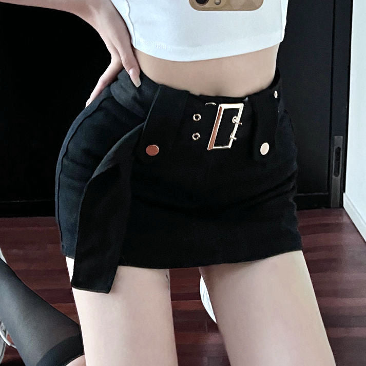 High Waist Belt Slim Fit Solid A-Line Skirt