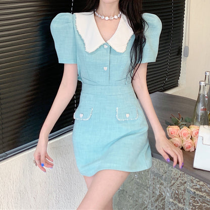 Doll Collar Short Sleeve Jacket High Waist Skirt Set