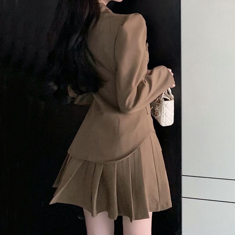 Puff Sleeve Fake Two Piece Irregular Pleated Suit Dress