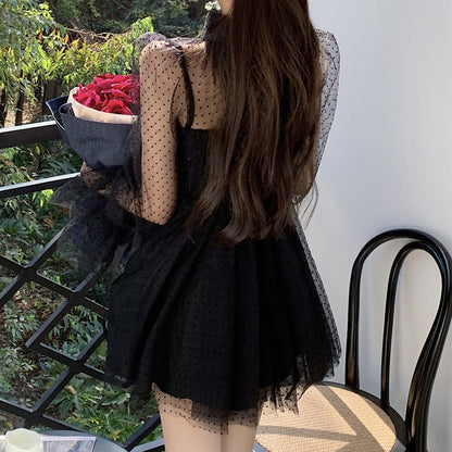 Long Sleeve Polka Dot Mesh Princess Puff Dress