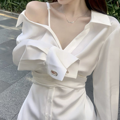 Satin Off Shoulder Long Sleeve Shirt Dress