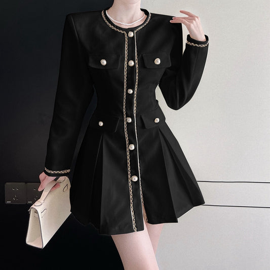 Single-Breasted Crew-Neck Long-Sleeve Pleated Dress