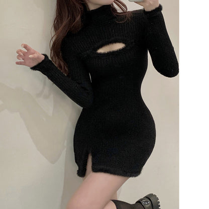 High-Neck Slim Slit Knit Bodycon Winter Dress