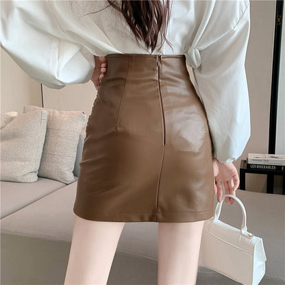 Folded Irregular High Waist A-Line Short Leather Skirt