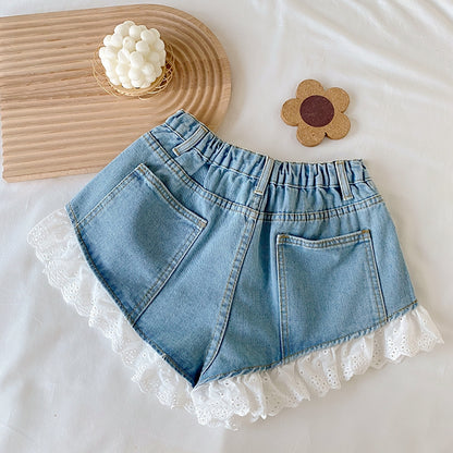 Lace-Trimmed Denim Top Elasticated Waist Shorts Set