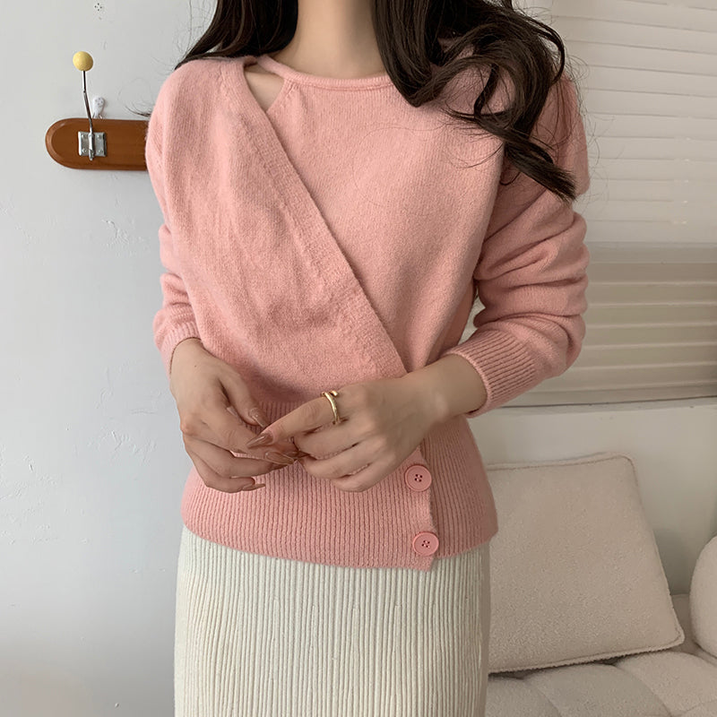 Waist-In Fake Two-Piece Three-Button Knit Sweater